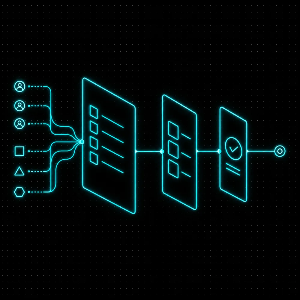 Diagrama de ecosistema de conversión: leads entrando, calificación en etapas, salida convertida en cliente